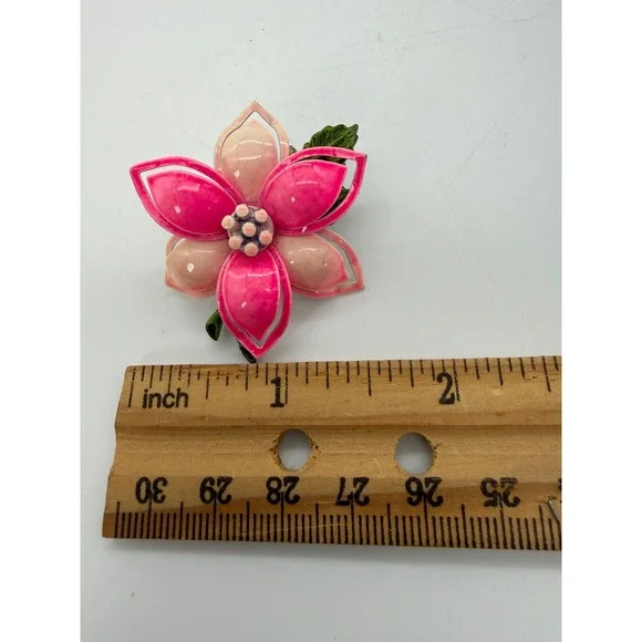 Vintage Pink Enamel Flower Brooch Pin Layered Floral Design Retro Green Stem - Picture 5 of 7